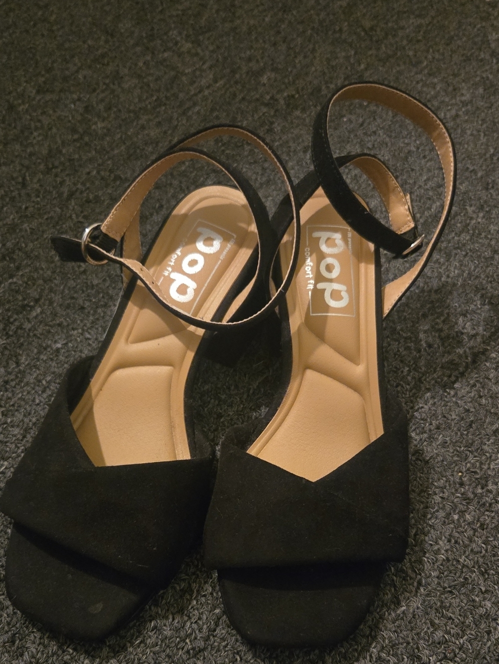 pop Black Suede Open-Toe Ankle-Strap Block Heels